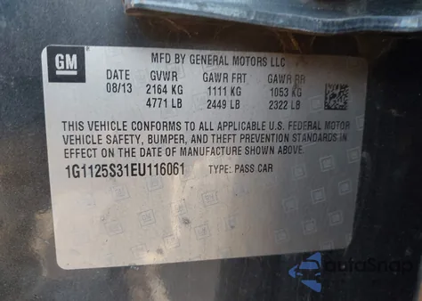 2014 Chevrolet Impala 2Lt из США, поврежденный, VIN 1G1125S31EU116061